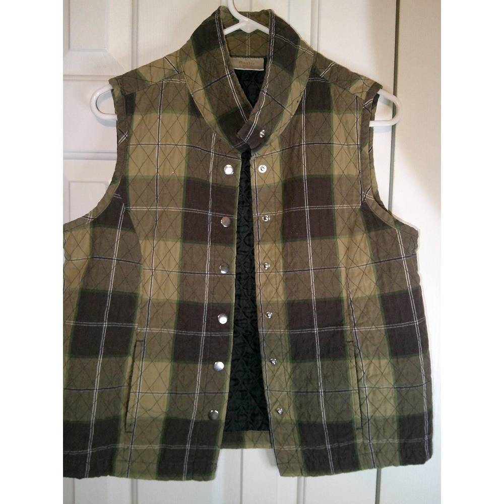 Baxter & Wells Quilted Vest Plaid‎ Snap Front Sleeveless Olive Green S